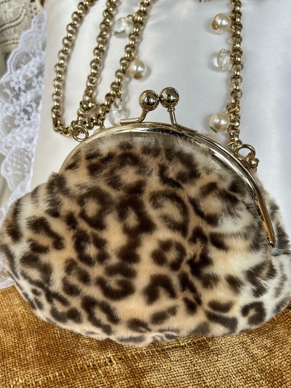 Kathy Van Zeeland Leopard Faux Fur Mini Kiss-Lock Crossbody with Gold Chain, GUC